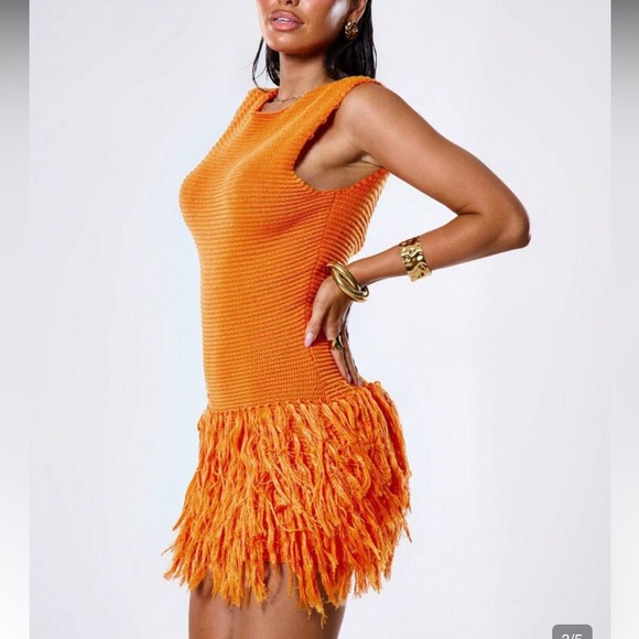 MUSERA Tassel Hem Crochet Knit Mini Sweater Dress in orange size XS - Picture 9 of 15